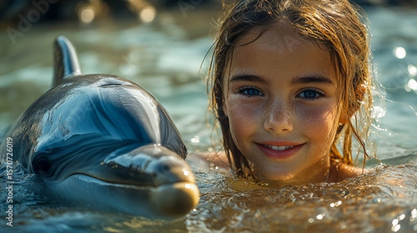 Obraz A girl swimming in a pool with a dolphin. Summer vacation and fun.