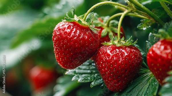 Obraz Ripe strawberries surrounded by green leaves. Freshness and summer harvest.
