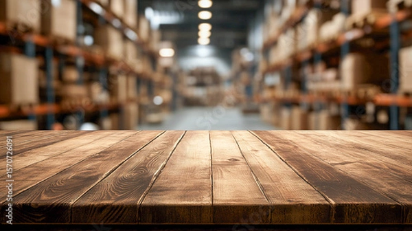 Obraz In the foreground, there is an empty wooden table or shelf, and in the background, there is a warehouse or storage room with shelves filled with boxes and products. Product placement.