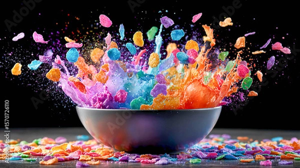 Obraz A bowl from which brightly colored flakes spill out and fly in different directions. Water or milk splashes up along with the flakes.