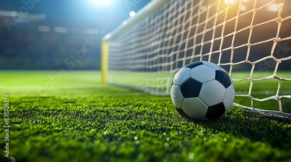 Obraz A football lying on the grass near the goal of a football field.