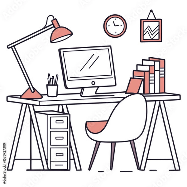 Fototapeta Desk setup with computer lamp chair and books vector