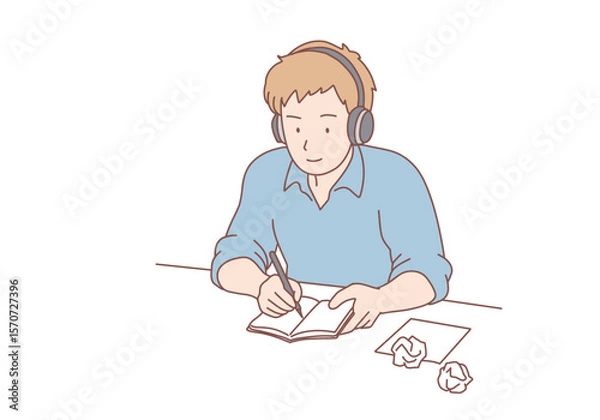 Fototapeta Working in office, modern company worker, online communication concept. Young smiling man sitting on workplace with headphones and writing down tasks and information. Hand drawn style vector design