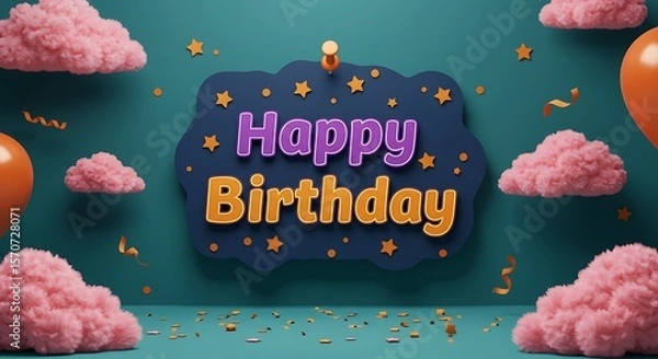 Fototapeta Cute 3D Rendered Happy Birthday Message with Balloons and Clouds Illustration