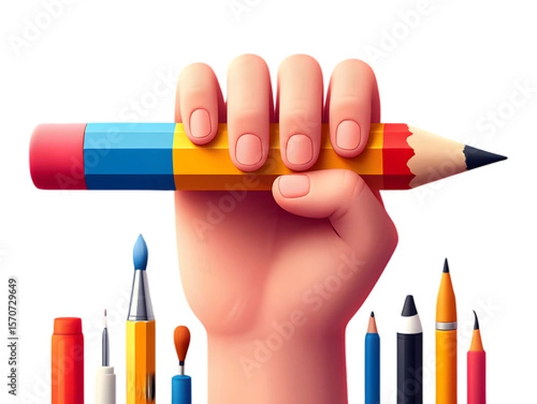 Fototapeta A hand firmly gripping a large colorful pencil with a pink eraser blue yellow and red sections surrounded by smaller art supplies including paintbrushes pencils and markers