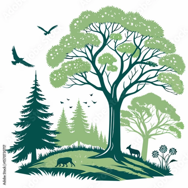 Fototapeta Lush forest scene with animals and birds trees nature