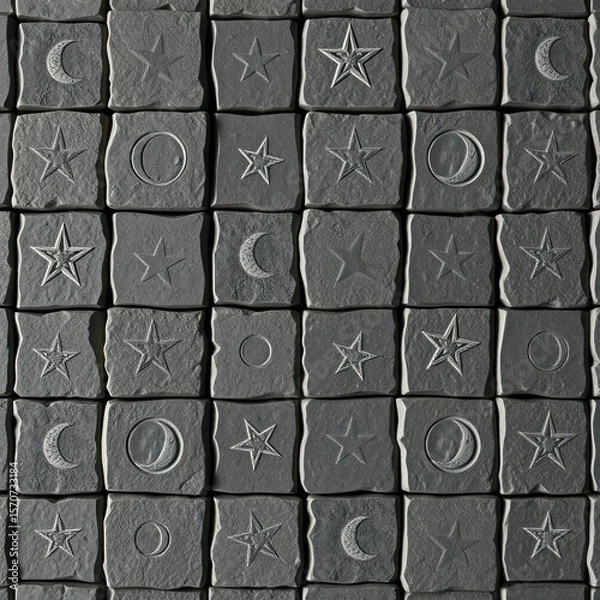 Fototapeta Stylized stone grid with engraved stars and moons, enchanted the