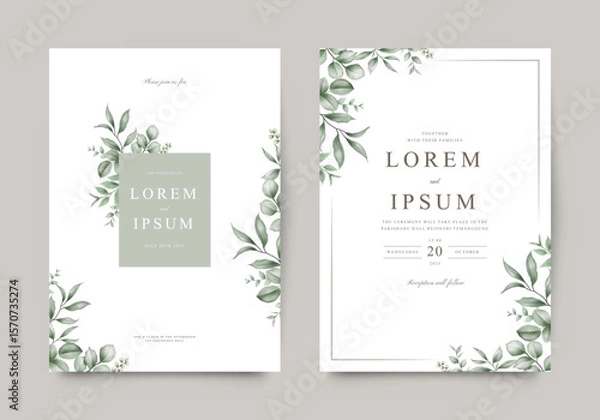 Obraz Elegant wedding invitation card template with beautiful watercolor leaves