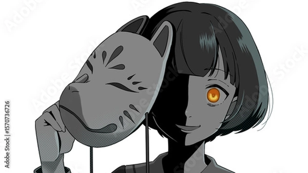 Obraz ホラーテイストの狐面を持った少女
