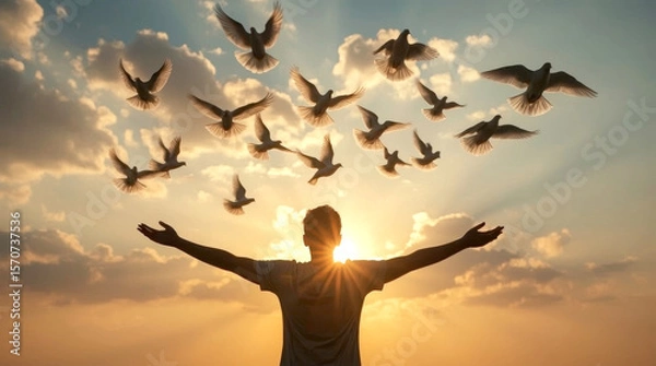 Fototapeta Doves fly into the woman hands, silhouette of a person with outstretched arms releases a flock of white doves into a radiant sunset sky filled with dramatic clouds and sunbeams