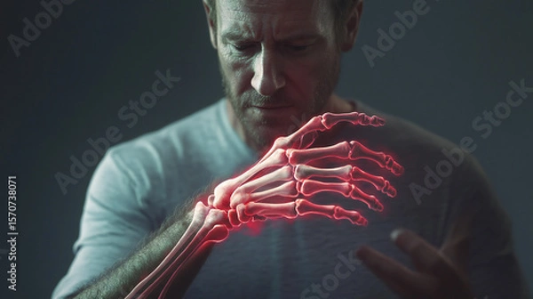 Fototapeta Man with hand pain joint inflammation red skeleton arthritis symptom
