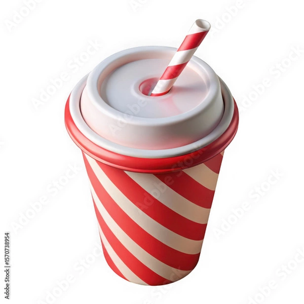 Obraz Red striped paper cup with straw isolated on transparent background
