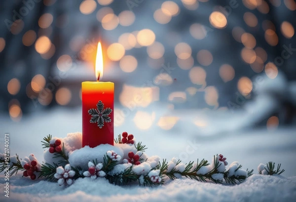 Fototapeta A lit candle adorned with a snowflake design stands in a snowy setting with festive berries and pine branches against a blurred background of twinkling lights