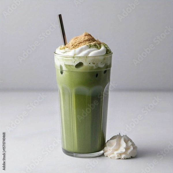 Fototapeta An iced green tea latte topped with whipped cream and a sprinkle of brown powder stands beside a dollop of whipped cream against a clean light background