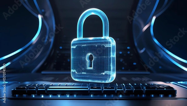 Fototapeta Cybersecurity Lock Above Laptop, Digital Protection Padlock in Dark Tech Style, Online Safety Icon Over Keyboard, generative ai