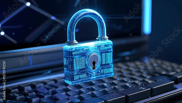 Fototapeta Cybersecurity Lock Above Laptop, Digital Protection Padlock in Dark Tech Style, Online Safety Icon Over Keyboard, generative ai