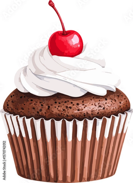 Fototapeta Chocolate cupcake with frosting and cherry watercolor vector illustration