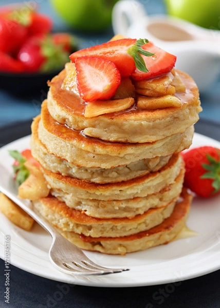 Fototapeta pancakes topped with apple slices and strawberries