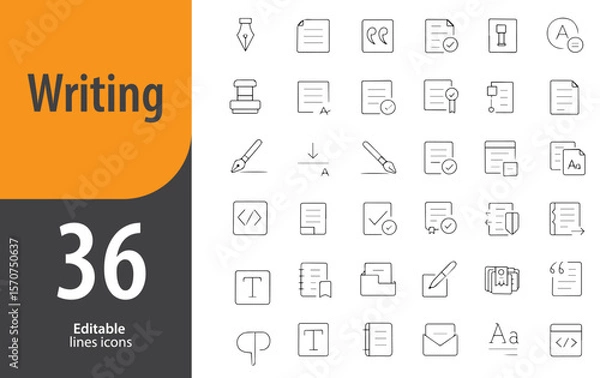 Fototapeta Writing Line Icons, Pen Tool, Notepad, Handwriting, Text Editor, Pencil, Editable Formats: AI, EPS, PNG, JPG, Ideal for Both Digital and Print Use
