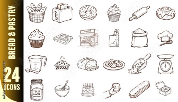Fototapeta Bread and pastry icons in simple line art style  