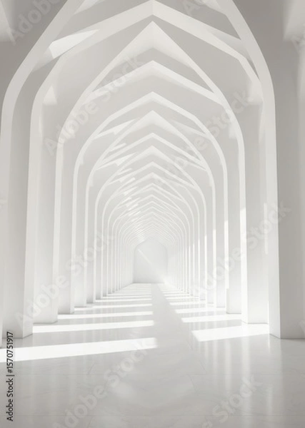 Fototapeta Long white clean hallway Empty room interior design architecture blank design room striking structures clean lines geometric shapes dramatic angles play of light and shadow capturing archite