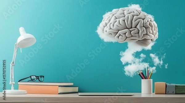 Fototapeta photo of a brain on desk with a thought bubble made of clouds coming out of it