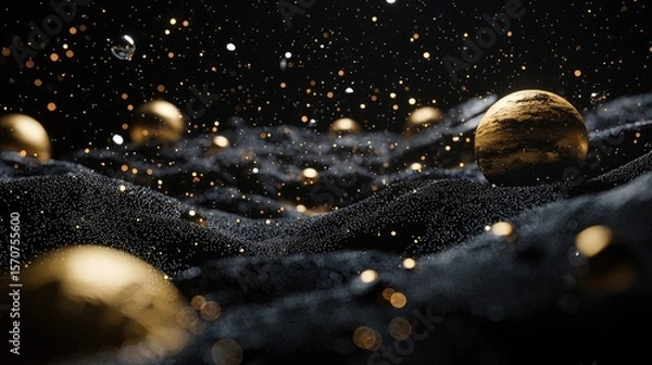 Fototapeta Saturn is in the vast universeï¼ŒBlack background, golden planets and rings, 3D rendering, scattered in the sky, high definition details, black space scene