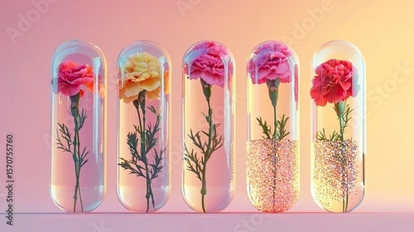 Fototapeta Several carnations in a transparent capsule made of thick glass, a cyberpunk capsule, water and sequins inside the capsule, a gradient of light shades 