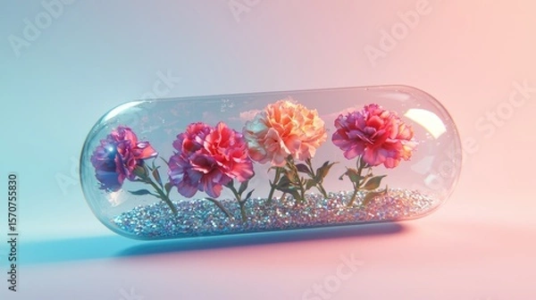 Fototapeta Several carnations in a transparent capsule made of thick glass, a cyberpunk capsule, water and sequins inside the capsule, a gradient of light shades