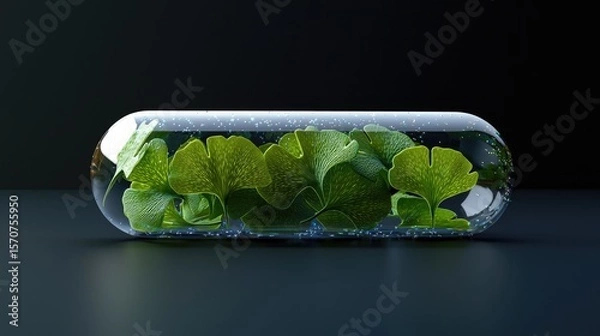 Fototapeta several green ginko biloba herbs in a transparent capsule made of thick glass, a soft minimalist capsule, water and sequins inside the capsule