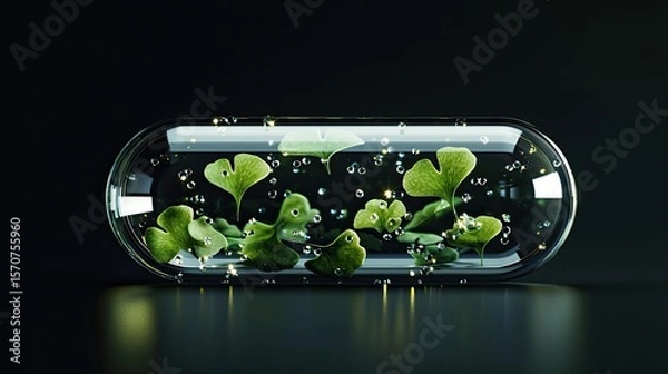 Fototapeta several green ginko biloba herbs in a transparent capsule made of thick glass, a soft minimalist capsule, water and sequins inside the capsule
