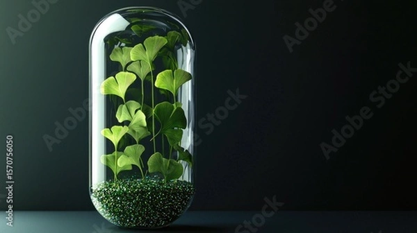 Fototapeta several green ginko biloba herbs in a transparent capsule made of thick glass, a soft minimalist capsule, water and sequins inside the capsule, 