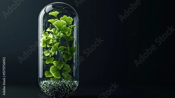 Fototapeta several green ginko biloba herbs in a transparent capsule made of thick glass, a soft minimalist capsule, water and sequins inside the capsule, 
