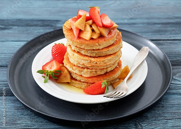 Fototapeta pancakes topped with apple slices and strawberries