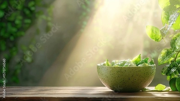 Fototapeta Stock photo Avocado smoothie bowling copy space, ultra-detailed, highly realistic, 8K resolution. Perfect lighting, vibrant colors, sharp textures. Natural 