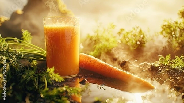 Fototapeta Stock photo Next to a glass of freshly squeezed carrot juice lies a beautiful, juicy carrot. Warm light and natural composition emphasize the freshness 