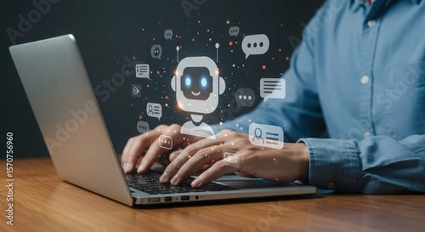 Fototapeta Photo of a man uses a laptop with a digital robot and chat bubbles appearing above the keyboard