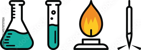 Fototapeta Scientific Laboratory Equipment Depiction Featuring Flasks, Test Tubes, Bunsen Burner, and Pipette Ideal for Science Education Materials