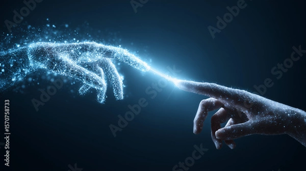 Fototapeta Artificial intelligence and human hand touching with digital data technology, concept on a blue background for future tech or business