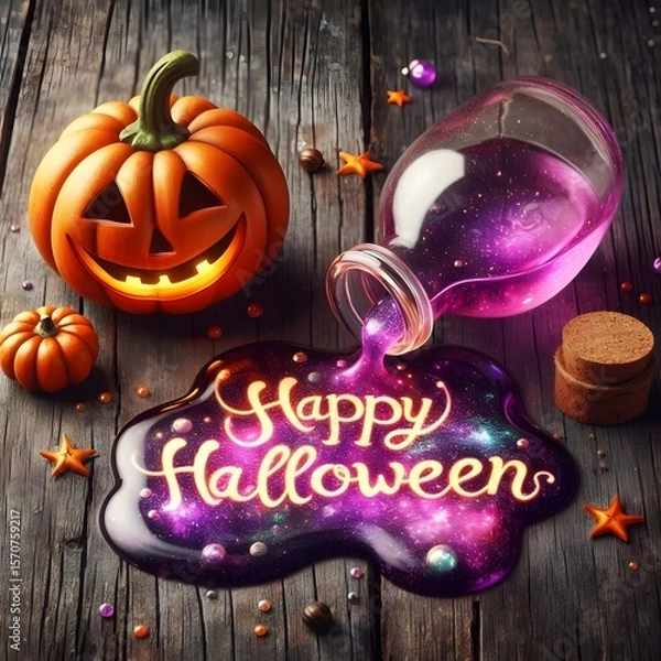 Fototapeta An illustration of a friendly jack-o'-lantern sitting on a rustic wooden table next to a tipped-over potion bottle. A thick, glowing, purple magical liquid spell the words "Happy Halloween"