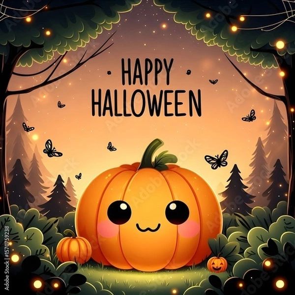 Fototapeta A digital illustration of a cute, chubby, and smiling jack-o'-lantern in the center of a magical forest. The pumpkin's cheerful light casts a playful black shadow that spells out "Happy Halloween"