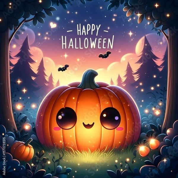 Fototapeta A digital illustration of a cute, chubby, and smiling jack-o'-lantern in the center of a magical forest. The pumpkin's cheerful light casts a playful black shadow that spells out "Happy Halloween"