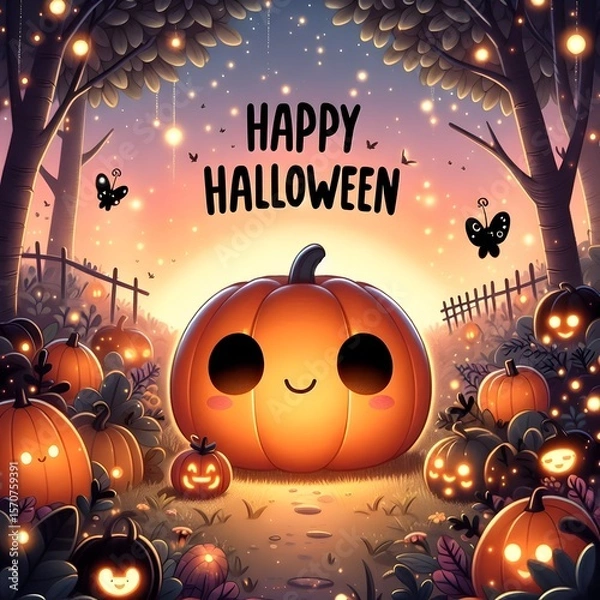 Fototapeta A digital illustration of a cute, chubby, and smiling jack-o'-lantern in the center of a magical forest. The pumpkin's cheerful light casts a playful black shadow that spells out "Happy Halloween"