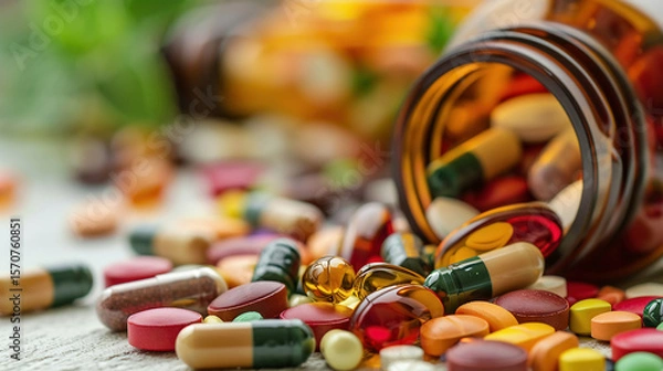 Obraz medical pills and tablets spilling out of a drug bottle. Colorful Vitamins and Supplements Spilled from a Glass Bottle
