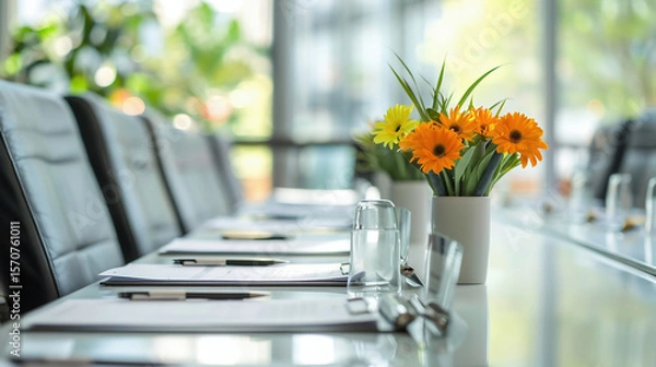 Obraz Conference Room Table Setup with Flowers and Documents