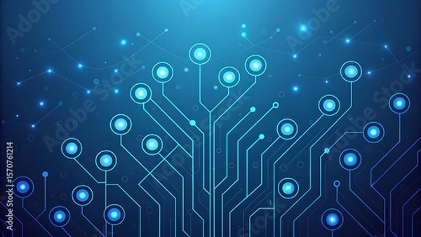 Fototapeta Abstract blue digital circuit board with glowing nodes and interconnected lines representing technology and data flow