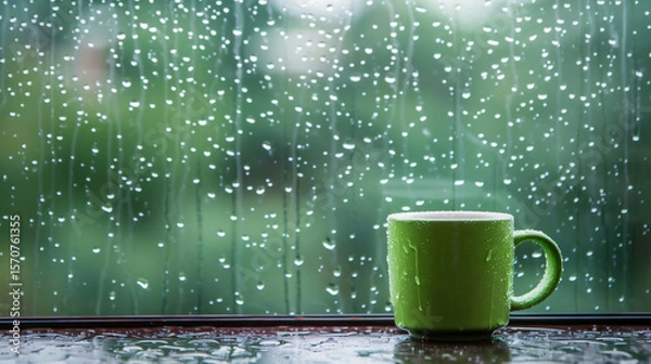 Obraz Rainy Day Window View with Green Mug