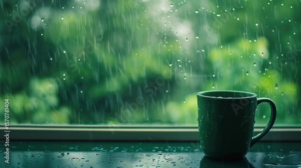 Obraz Rainy Day Window View with Green Mug