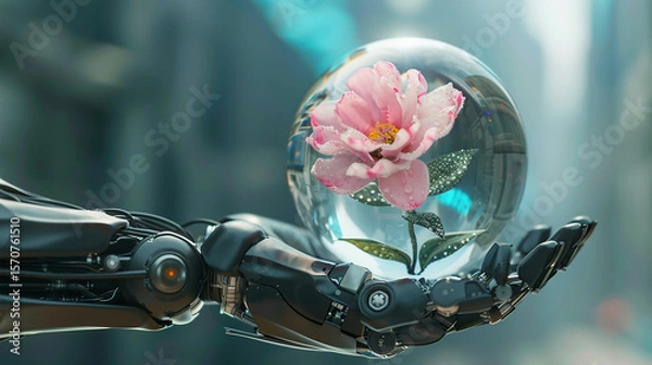 Obraz Robotic Hand Holding Holographic Flower in Glass Sphere