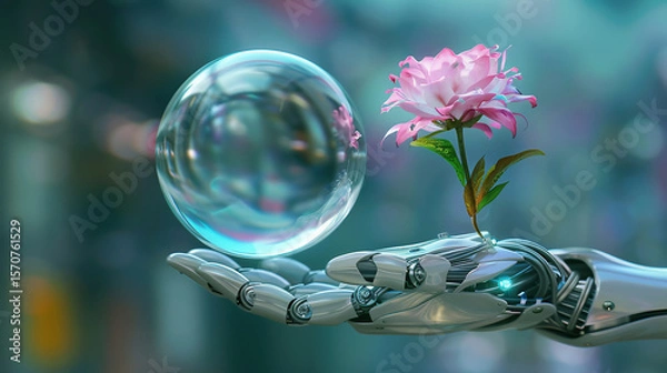 Obraz Robotic Hand Holding Holographic Flower in Glass Sphere